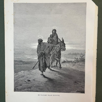 De vlucht naar Egypte. Originele houtgravure van Gustave Doré uit 1875.