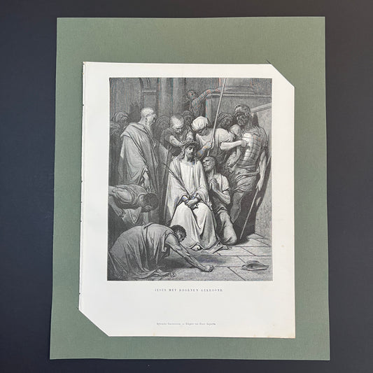 Jesus met doornen gekroond. Originele houtgravure van Gustave Doré uit 1875.