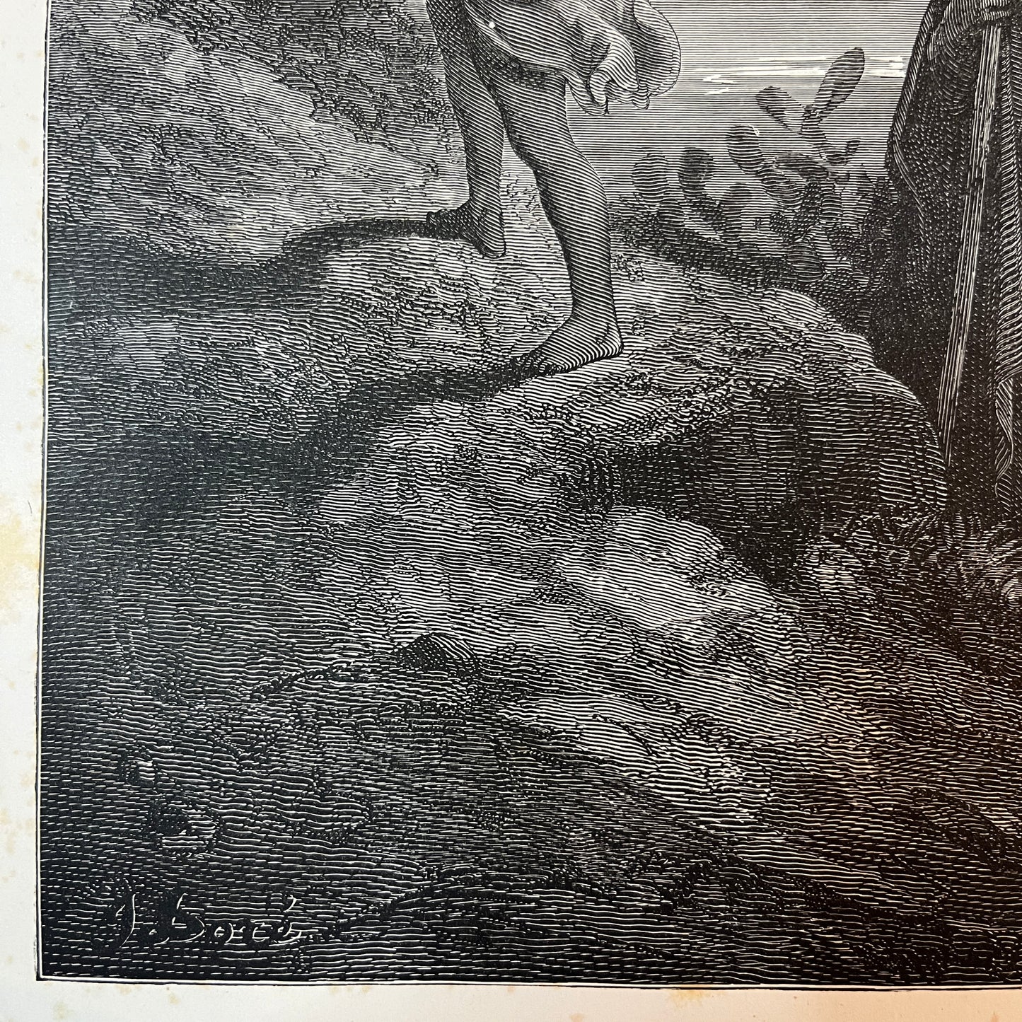 Isaac carrying the wood for the burnt offering. Original wood engraving by Gustave Doré from 1875.