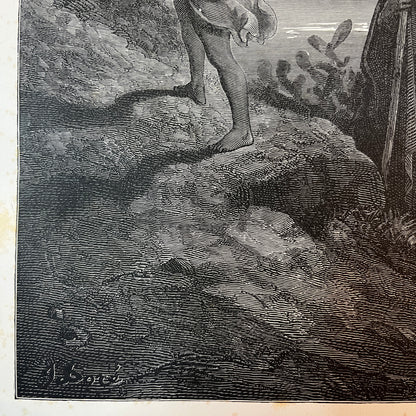 Isaak trägt das Holz für das Brandopfer. Original Holzstich von Gustave Doré aus dem Jahr 1875.