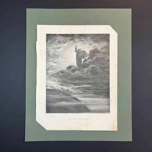 God schiep het licht. Originele houtgravure van Gustave Doré uit 1875.