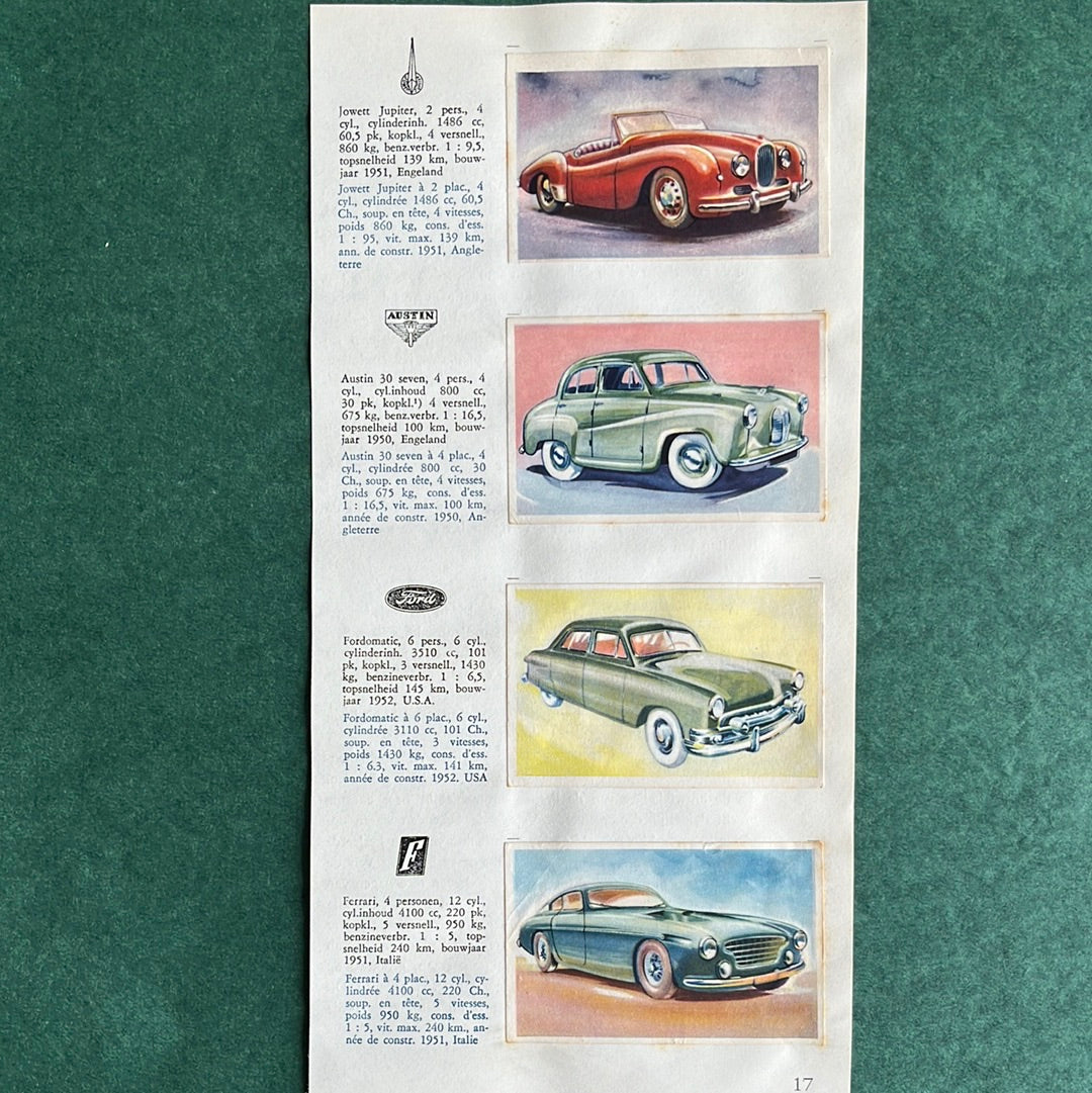 4 Autoplaatjes: Jowett Jupiter, Austin, Fordomatic, Ferrari