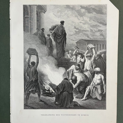 Burning of the Magic Books at Ephesus. Original wood engraving by Gustave Doré from 1875.