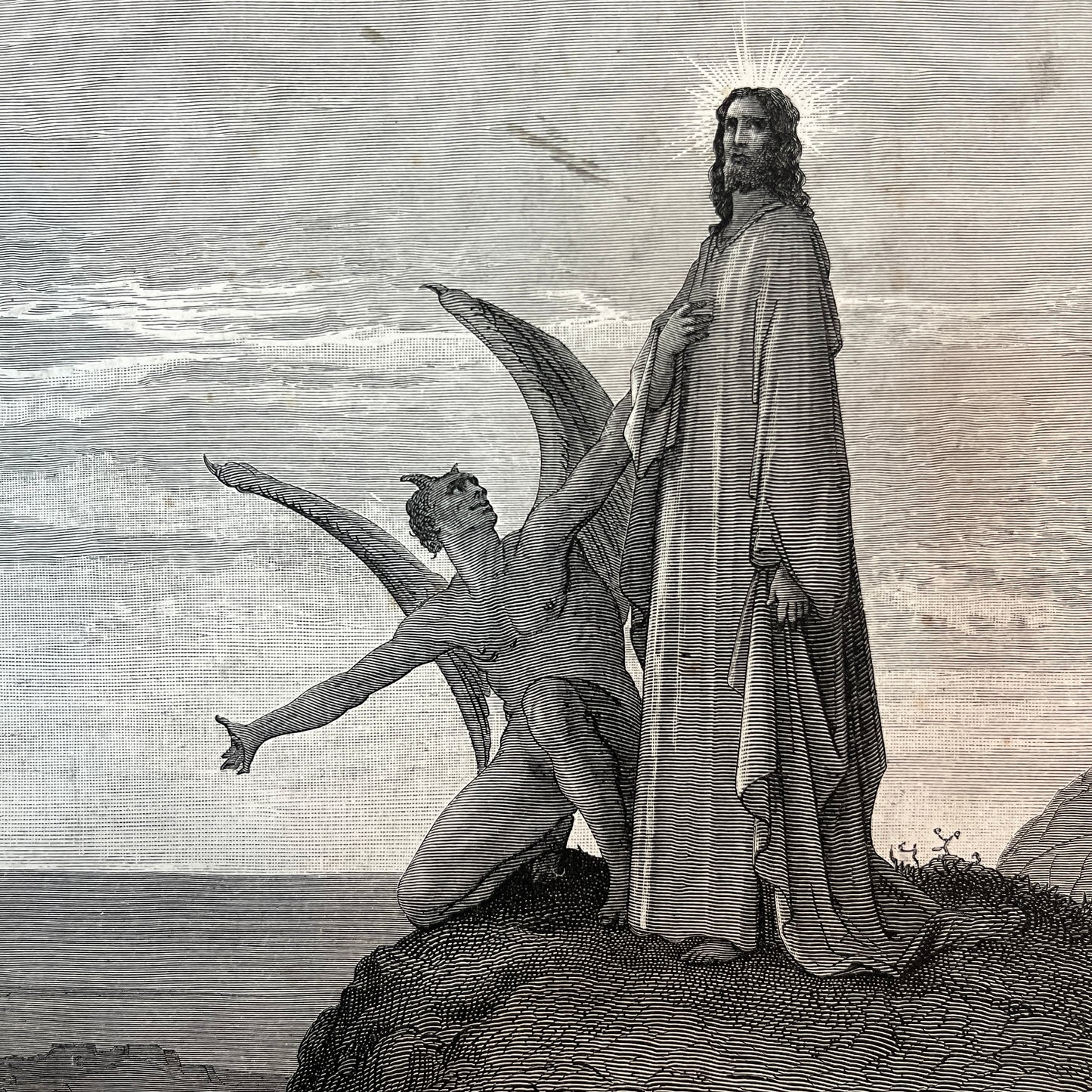 Jesus tempted by the devil. Original wood engraving by Gustave Doré from 1875.