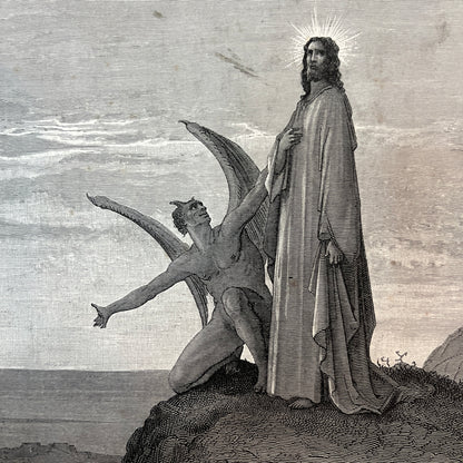 Jesus tempted by the devil. Original wood engraving by Gustave Doré from 1875.