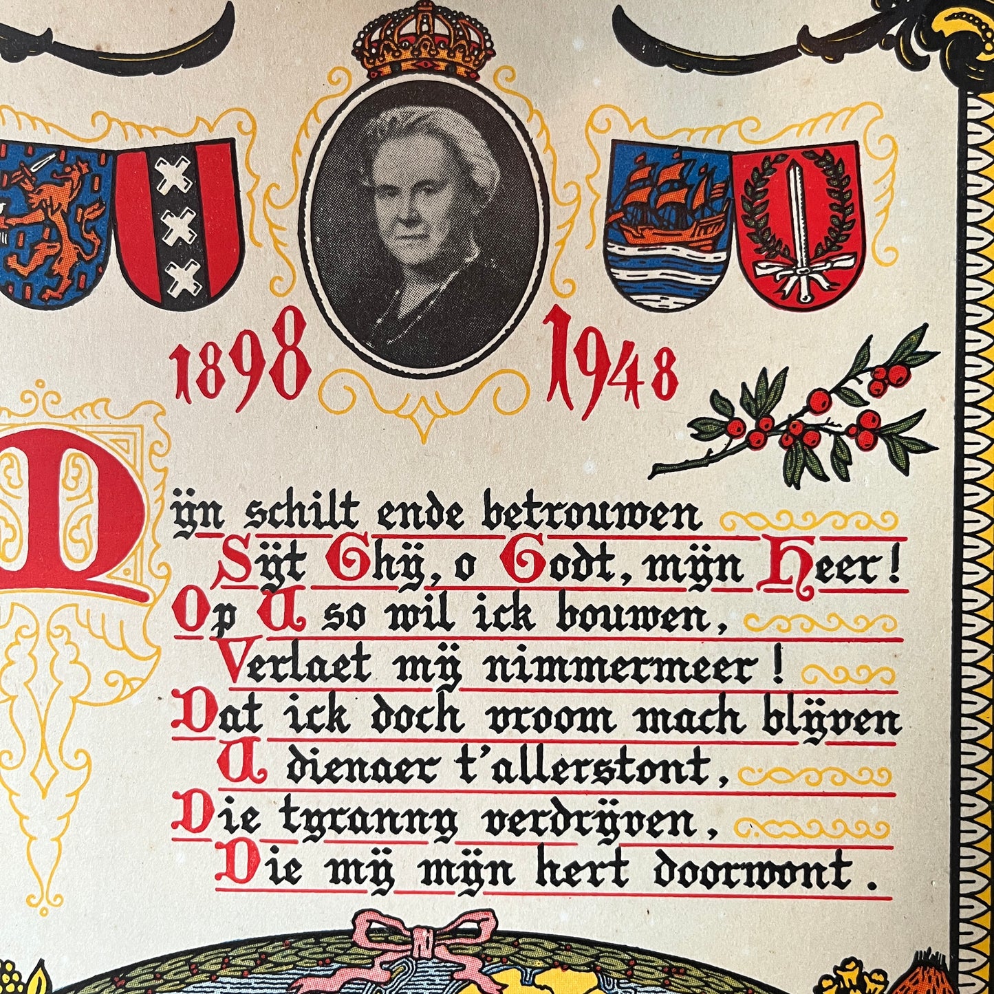 Poster karton Wilhelmus vers 6 Koningin Wilhelmina 50 jaar