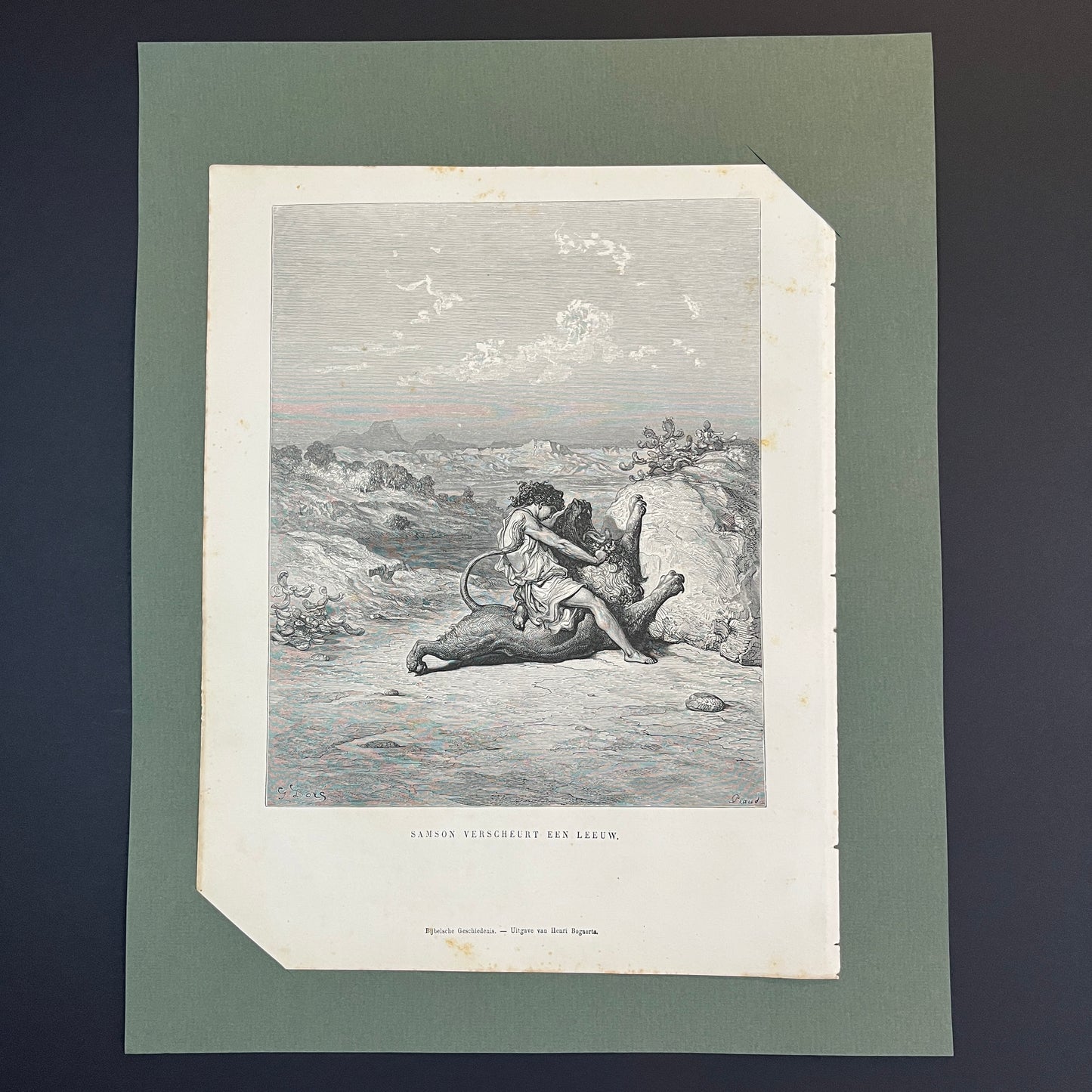 Samson verscheurt een leeuw. Originele houtgravure van Gustave Doré uit 1875.