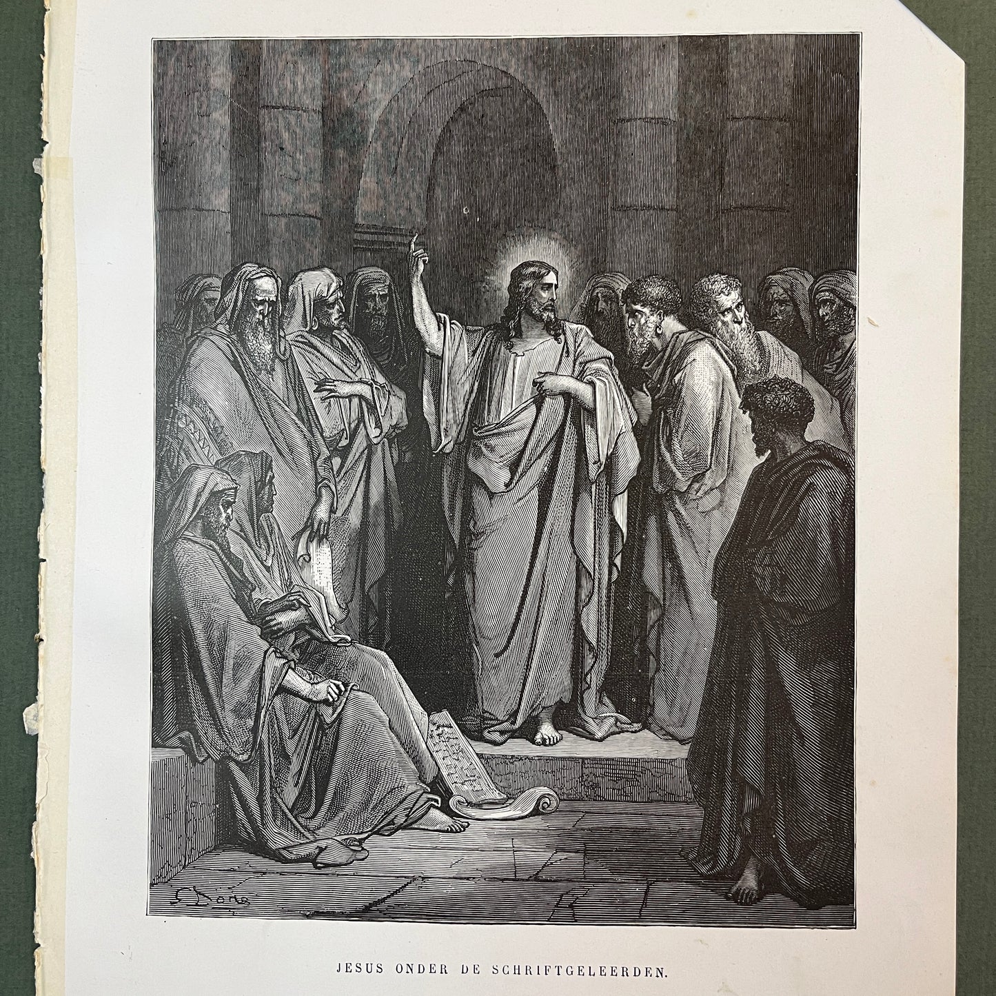 Jesus onder de schriftgeleerden. Originele houtgravure van Gustave Doré uit 1875.