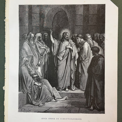 Jesus among the Scribes. Original wood engraving by Gustave Doré from 1875.