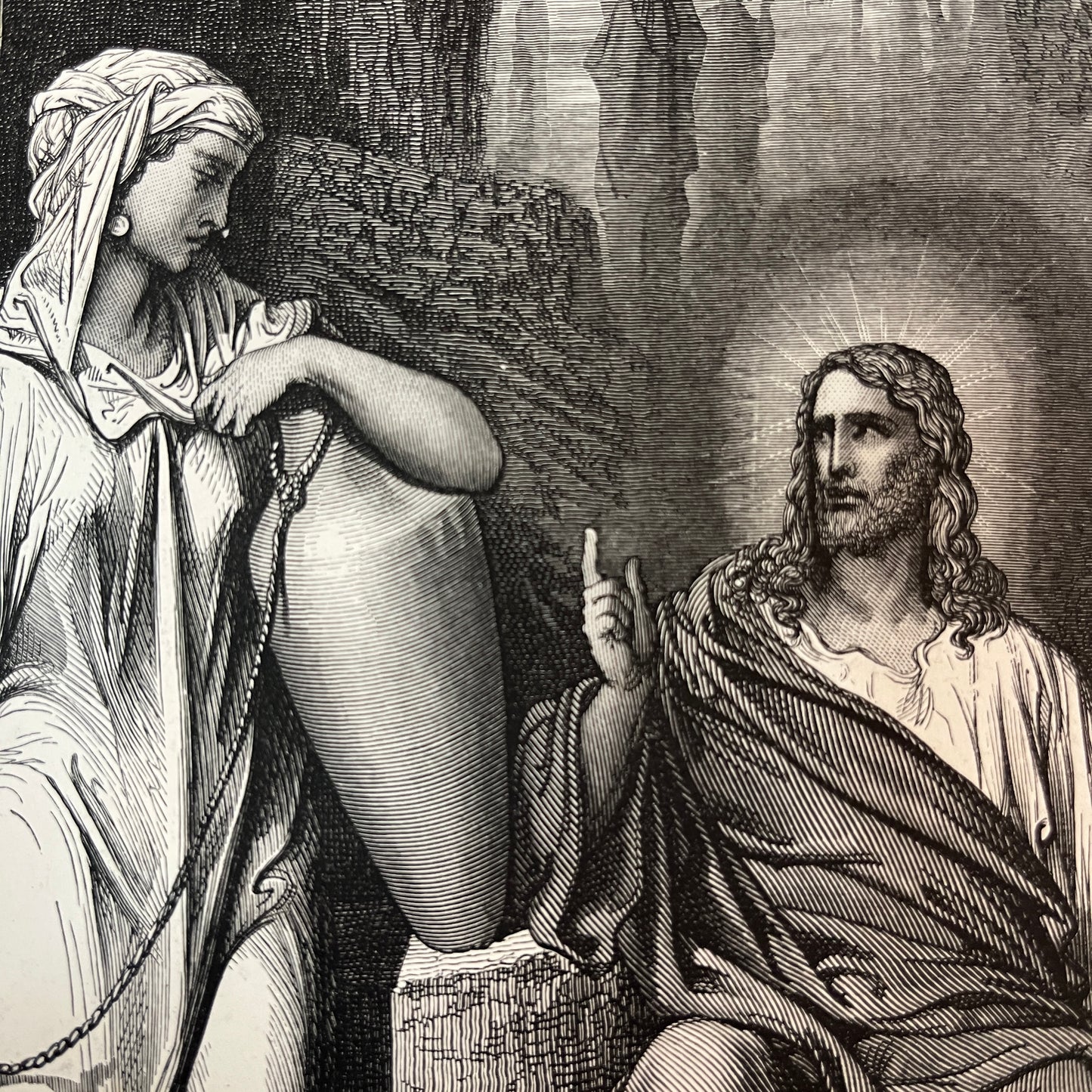 Jesus and the Samaritan Woman. Original wood engraving by Gustave Doré from 1875.