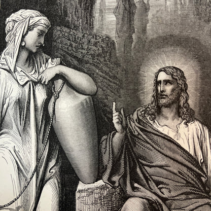 Jesus und die Samariterin. Original Holzstich von Gustave Doré aus dem Jahr 1875.