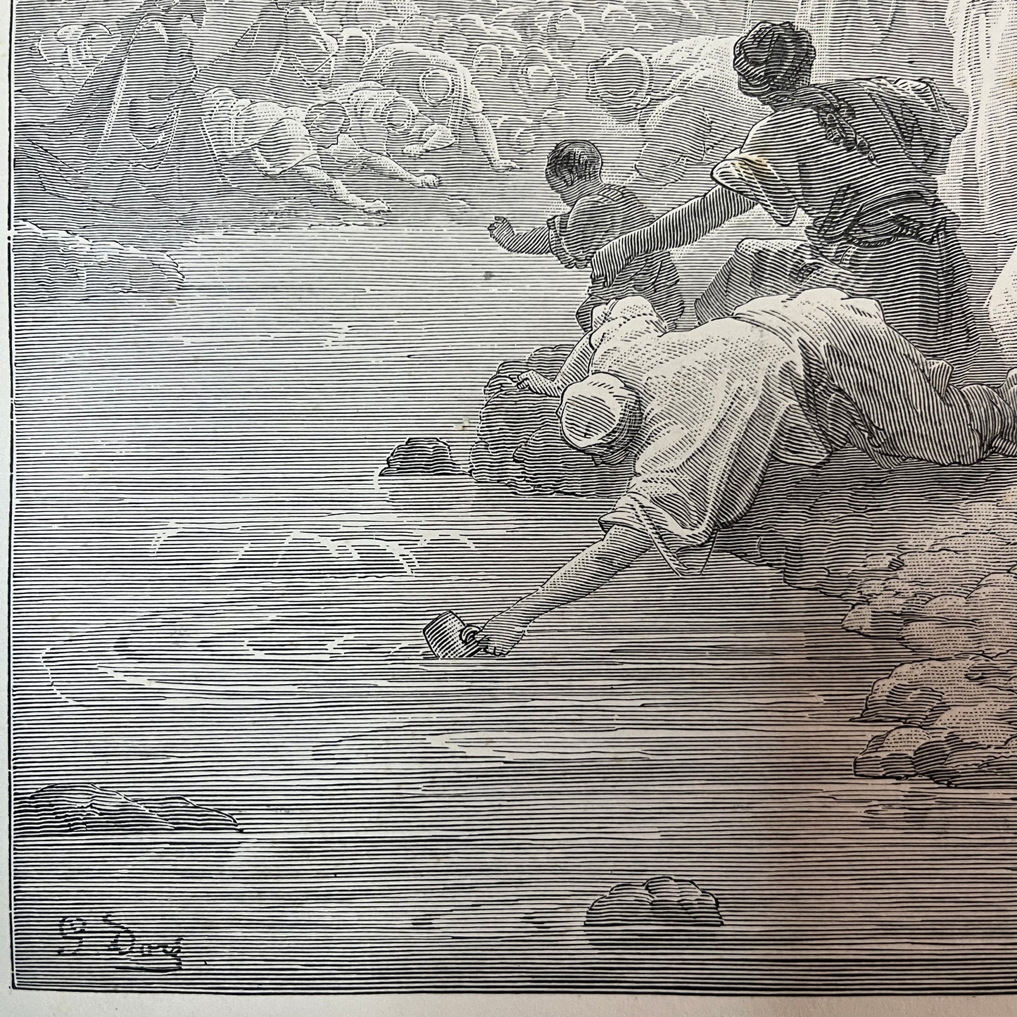 Mozes slaat water uit de rots. Originele houtgravure van Gustave Doré uit 1875.