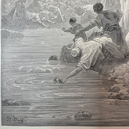 Mozes slaat water uit de rots. Originele houtgravure van Gustave Doré uit 1875.