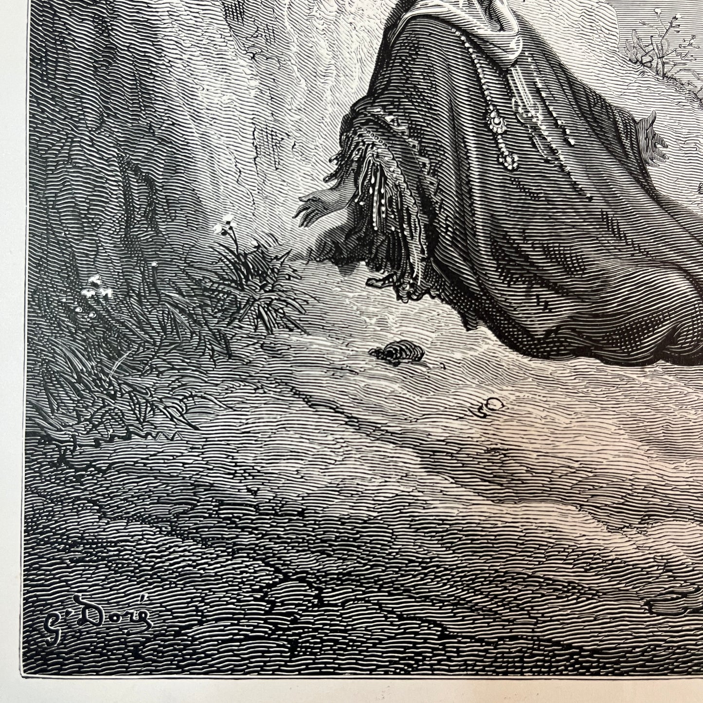 Elias door een engel gespijzigd. Originele houtgravure van Gustave Doré uit 1875.