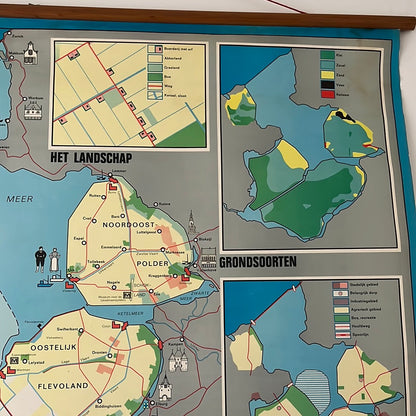 Vintage schoolkaart Land uit water IJsselmeerpolders 1967