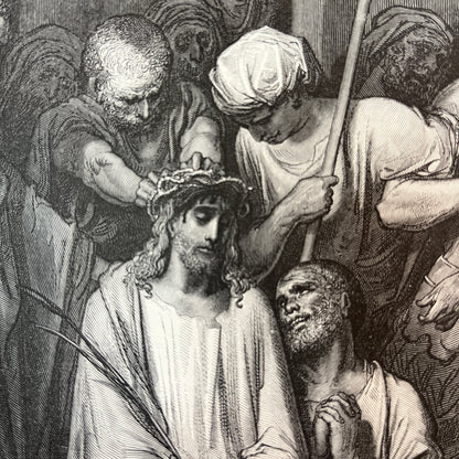 Jesus met doornen gekroond. Originele houtgravure van Gustave Doré uit 1875.