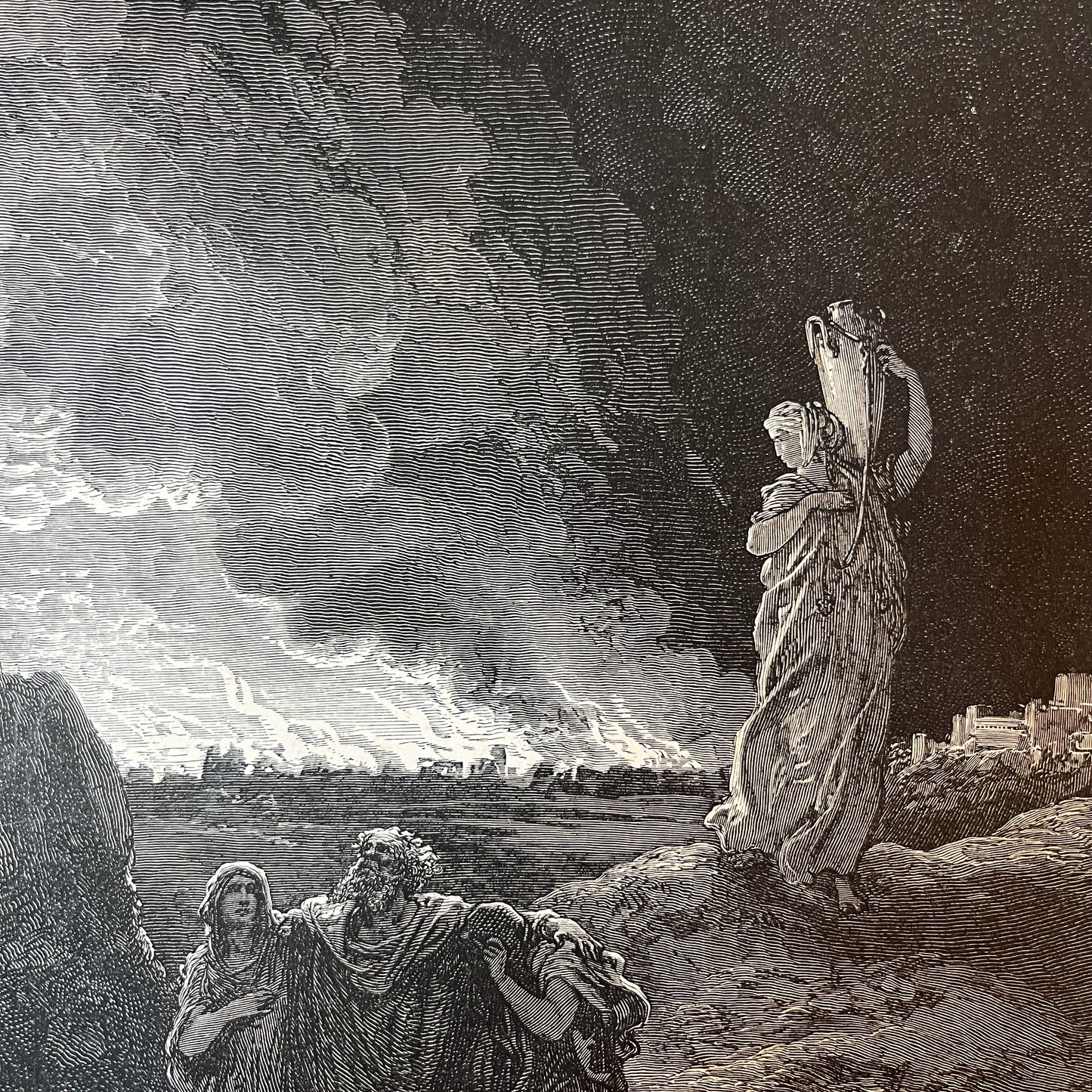 Lot's Flight. Original wood engraving by Gustave Doré from 1875.