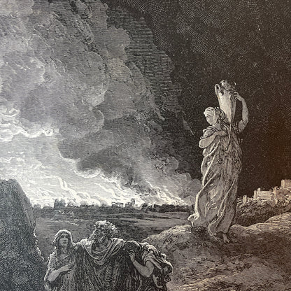 Lot's vlucht. Originele houtgravure van Gustave Doré uit 1875.