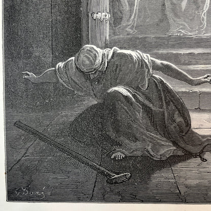 De pharizeer en de tollenaar. Originele houtgravure van Gustave Doré uit 1875.