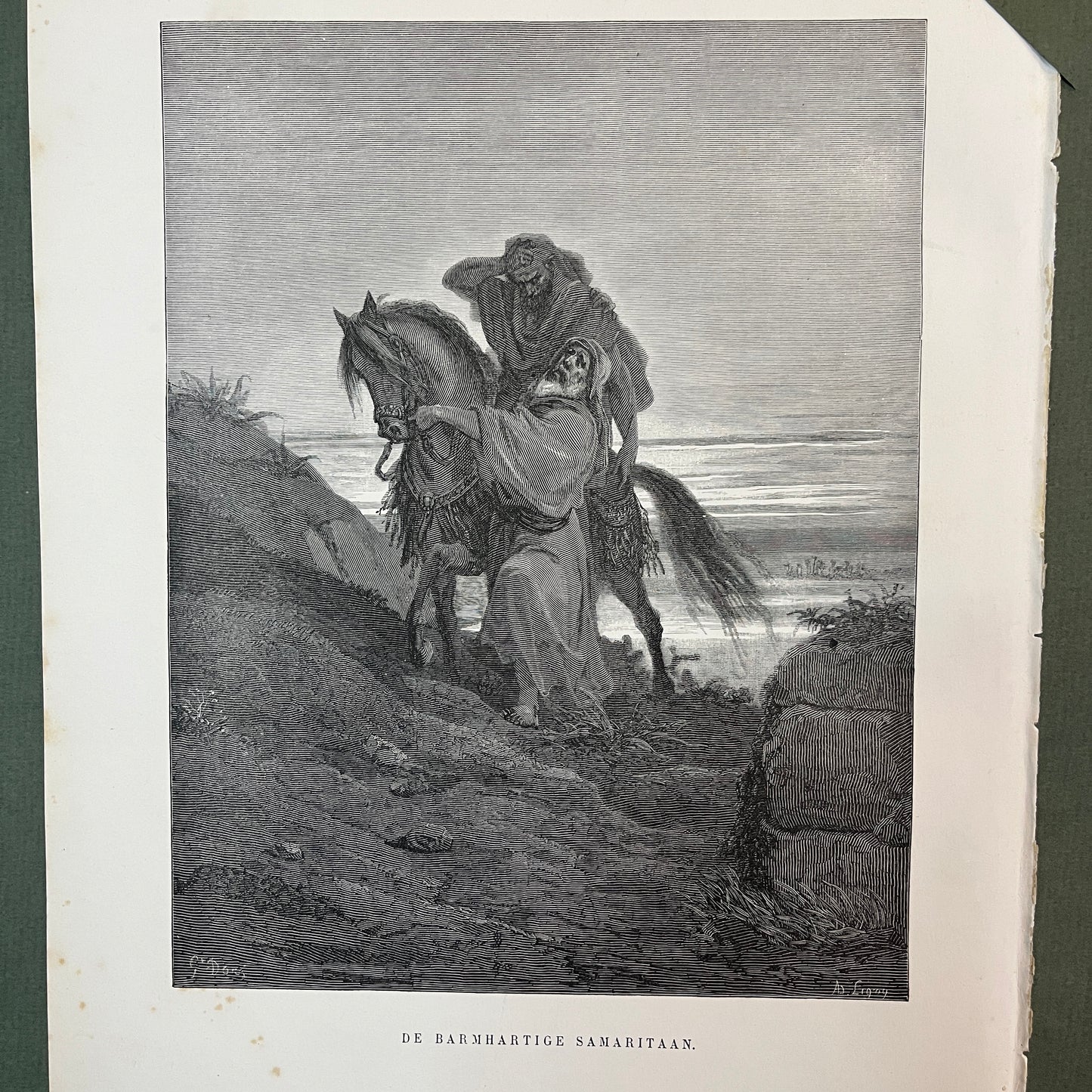 De barmhartige Samaritaan. Originele houtgravure van Gustave Doré uit 1875.