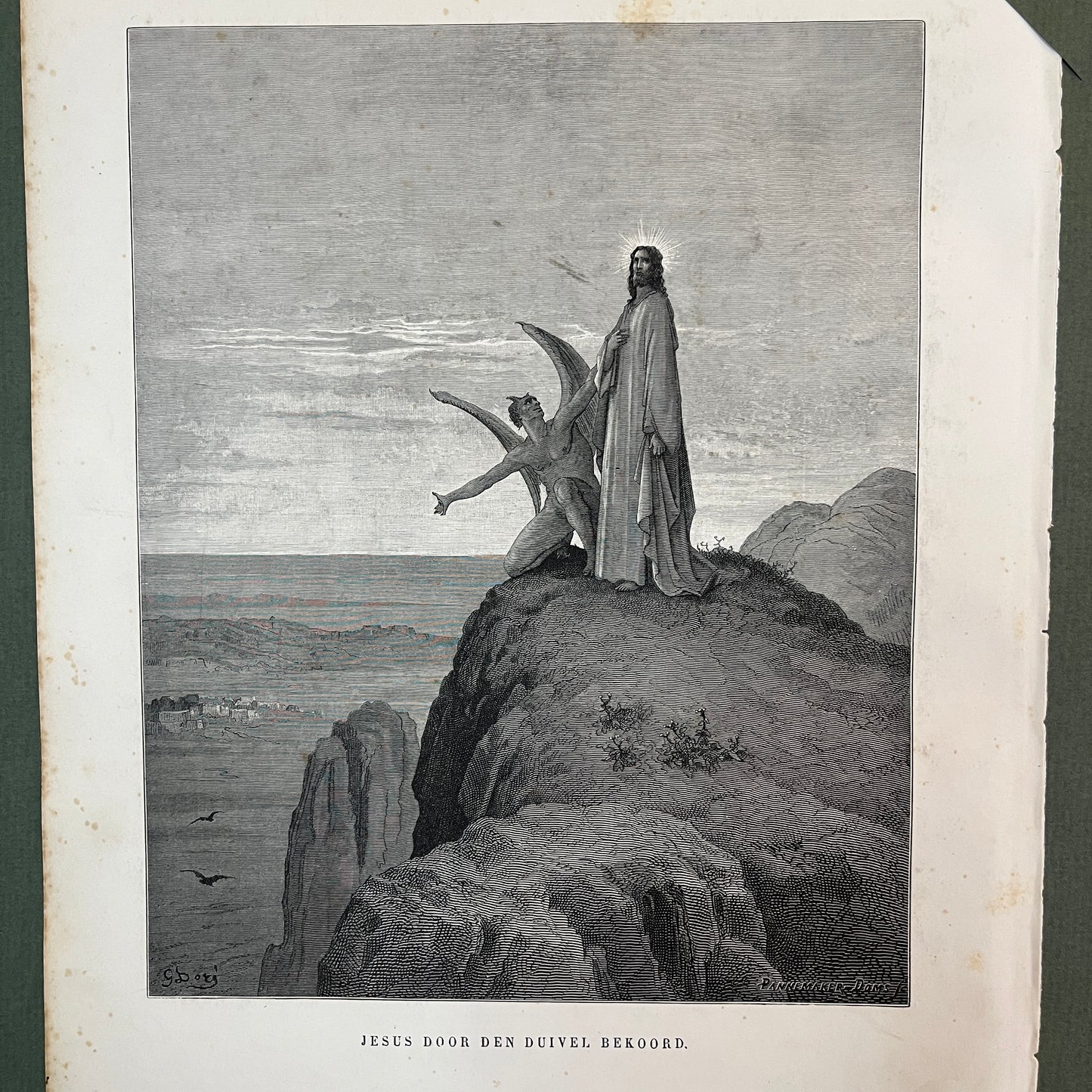 Jesus door den duivel bekoord. Originele houtgravure van Gustave Doré uit 1875.