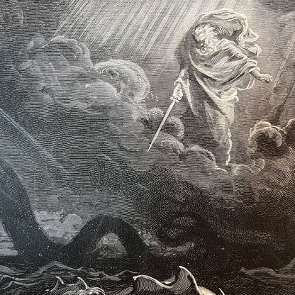 God doet den Leviathan omkomen. Originele houtgravure van Gustave Doré uit 1875.