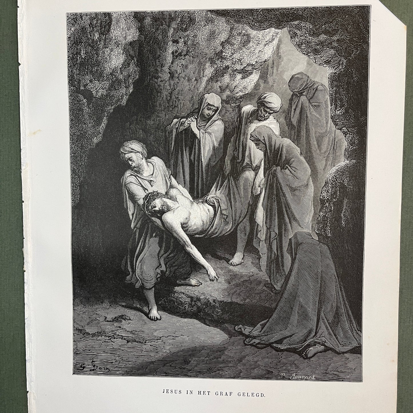 Jesus in het graf gelegd. Originele houtgravure van Gustave Doré uit 1875.