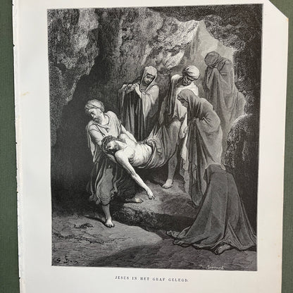 Jesus in het graf gelegd. Originele houtgravure van Gustave Doré uit 1875.