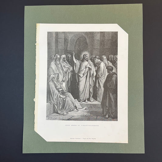 Jesus onder de schriftgeleerden. Originele houtgravure van Gustave Doré uit 1875.