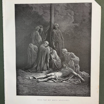 Jesus vom Kreuz genommen. Original Holzstich von Gustave Doré aus dem Jahr 1875.