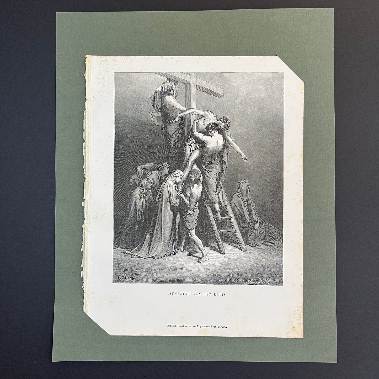 Afneming van het kruis. Originele houtgravure van Gustave Doré uit 1875.