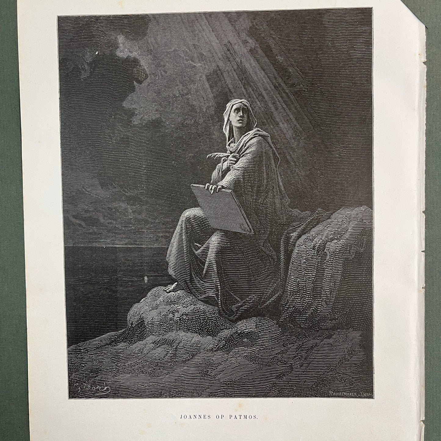 Johannes auf Patmos. Original Holzstich von Gustave Doré aus dem Jahr 1875.