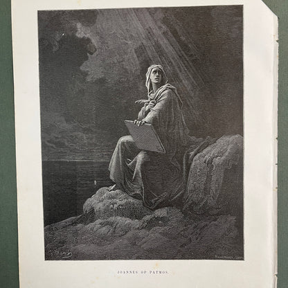 Joannes op Patmos. Originele houtgravure van Gustave Doré uit 1875.