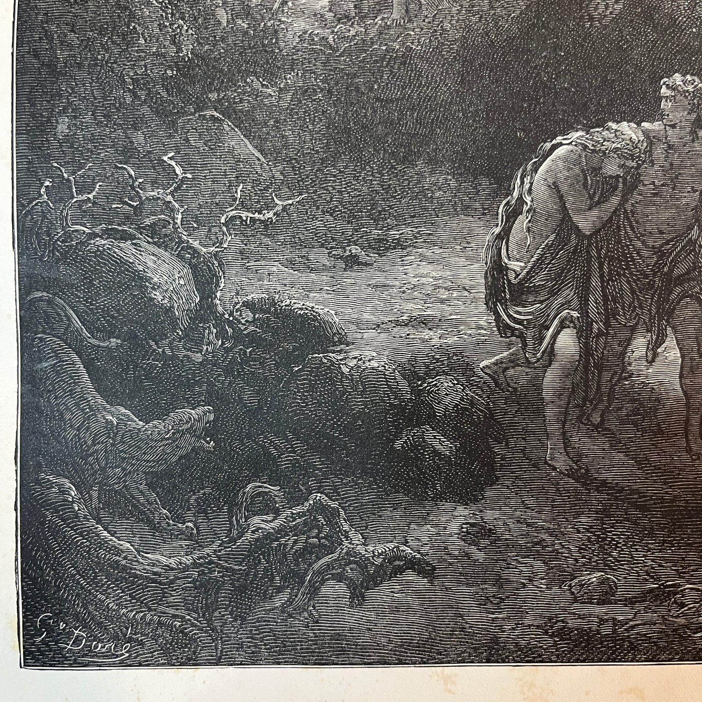 Adam und Eva wurden aus dem Paradies vertrieben. Original Holzstich von Gustave Doré aus dem Jahr 1875.