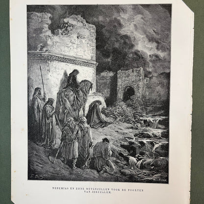 Nehemias en zijne metgezellen voor de poorten van Jeruzalem. Originele houtgravure van Gustave Doré uit 1875.