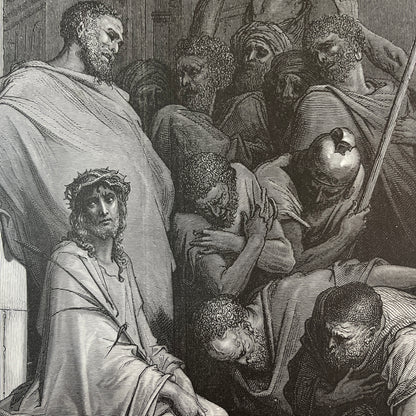 Jesus bespot. Originele houtgravure van Gustave Doré uit 1875.