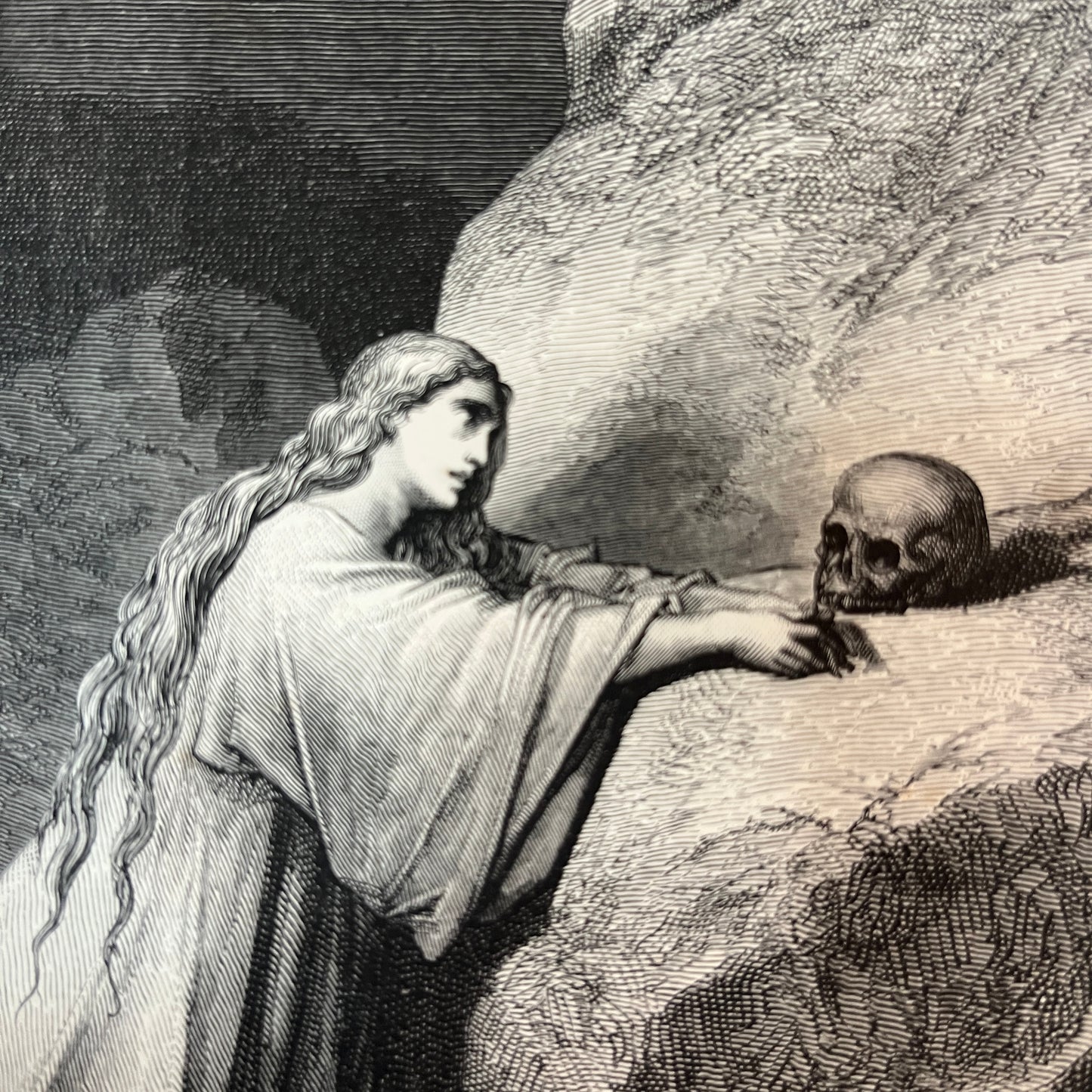 Mary Magdalene doing penance. Original wood engraving by Gustave Doré from 1875.