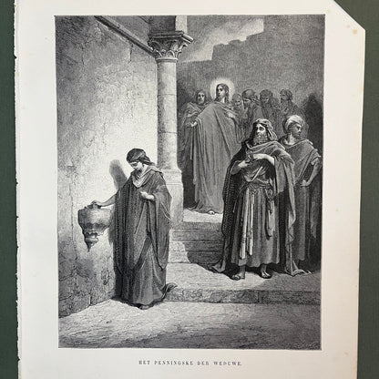 Het penningske der weduwe. Originele houtgravure van Gustave Doré uit 1875.