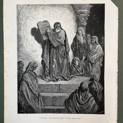 Esdras zeigt das Buch des Gesetzes. Original Holzstich von Gustave Doré aus dem Jahr 1875.