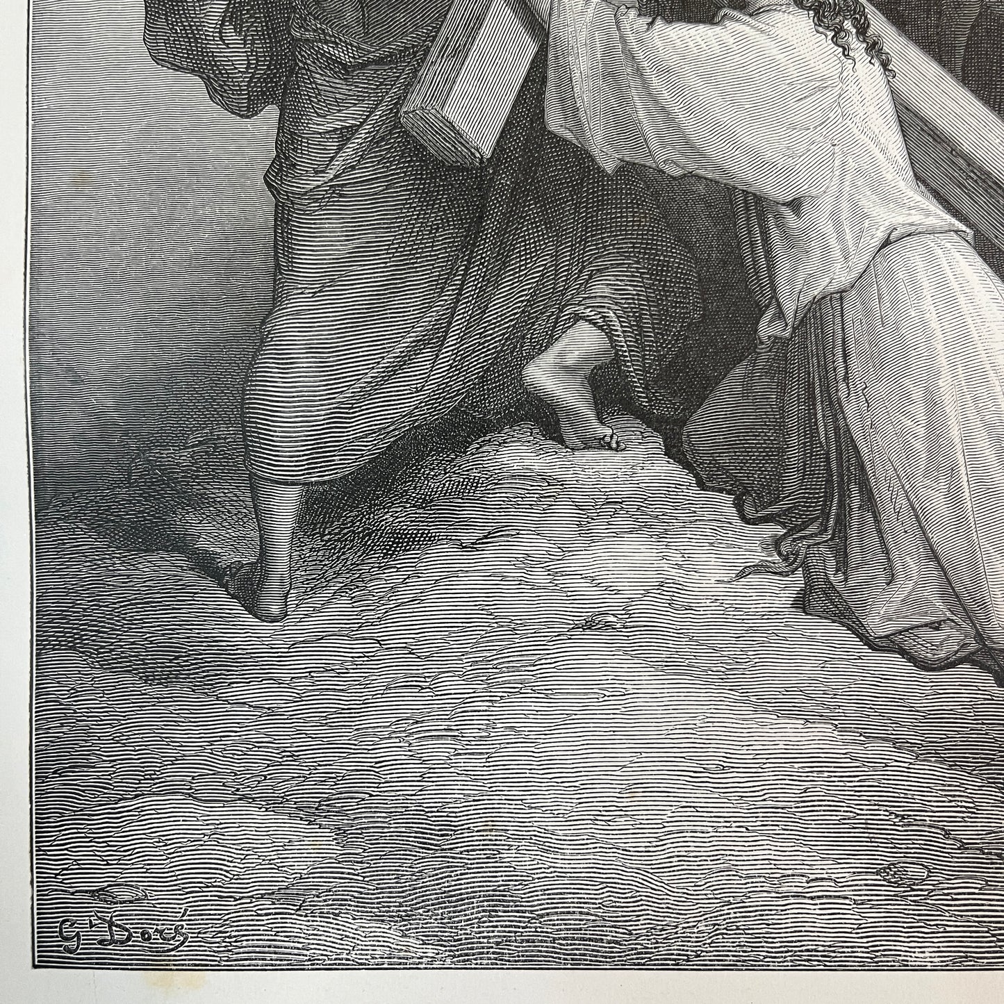 Jesus bezwijkende onder het kruis. Originele houtgravure van Gustave Doré uit 1875.