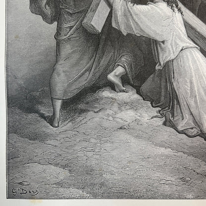 Jesus bezwijkende onder het kruis. Originele houtgravure van Gustave Doré uit 1875.