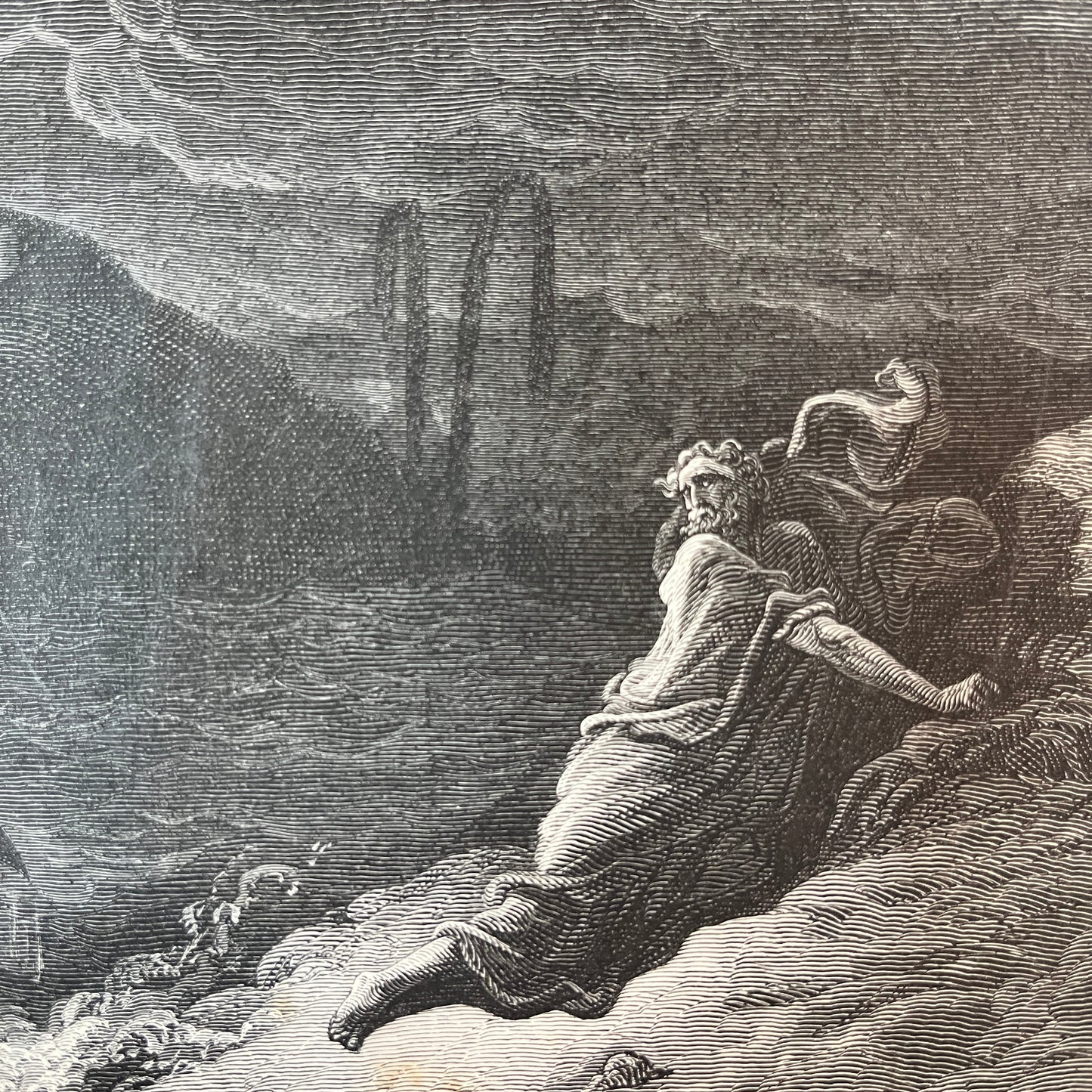 Jonah cast out by the whale. Original wood engraving by Gustave Doré from 1875.