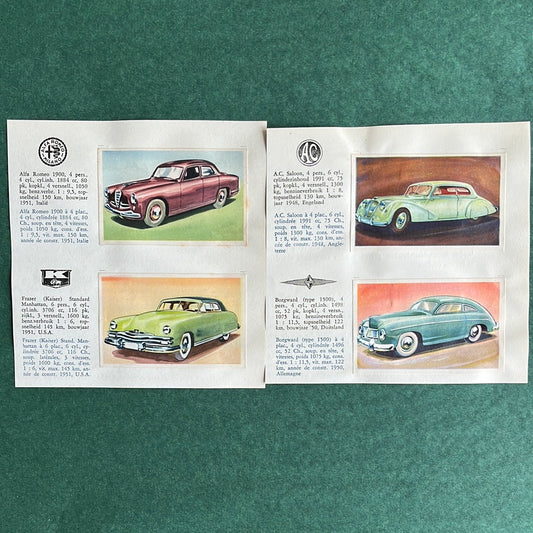 4 Autoplaatjes: AC, Borgward, Alfa Romeo, Frazer