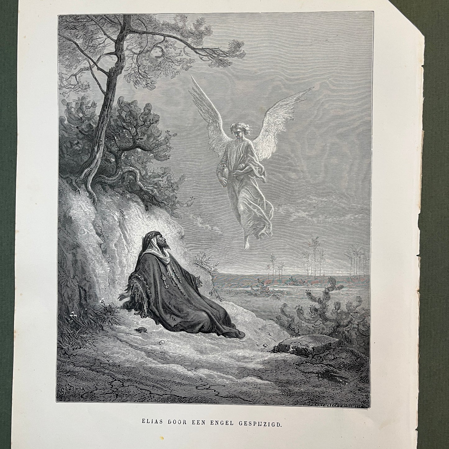 Elias door een engel gespijzigd. Originele houtgravure van Gustave Doré uit 1875.