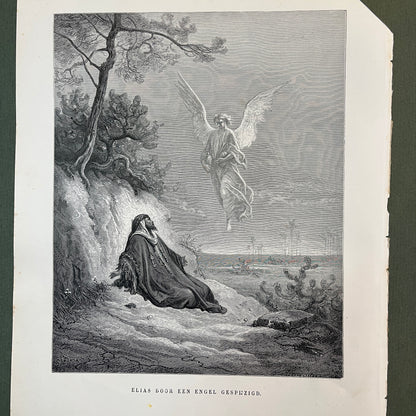 Elias door een engel gespijzigd. Originele houtgravure van Gustave Doré uit 1875.