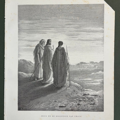 Jesus en de discipelen van Emaus. Originele houtgravure van Gustave Doré uit 1875.