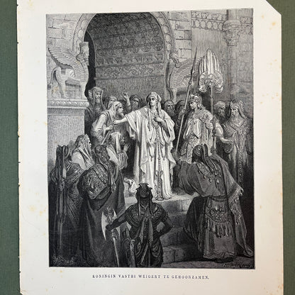 Koningin Vasthi weigert te gehoorzamen. Originele houtgravure van Gustave Doré uit 1875.