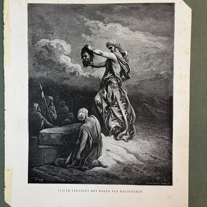 Judith shows the head of Holofernus. Original wood engraving by Gustave Doré from 1875.