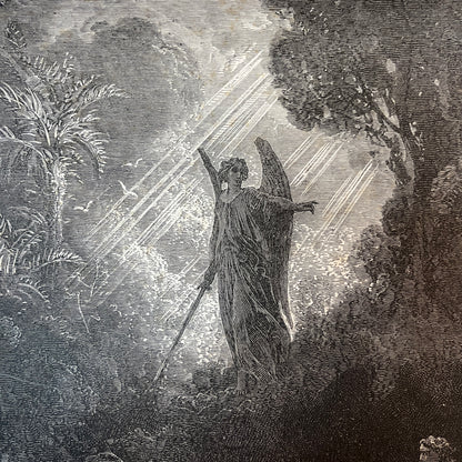 Adam und Eva wurden aus dem Paradies vertrieben. Original Holzstich von Gustave Doré aus dem Jahr 1875.