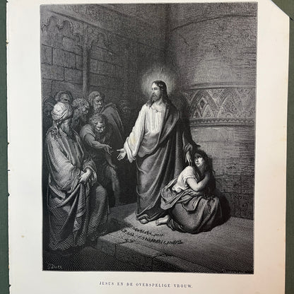 Jesus en de overspelige vrouw. Originele houtgravure van Gustave Doré uit 1875.